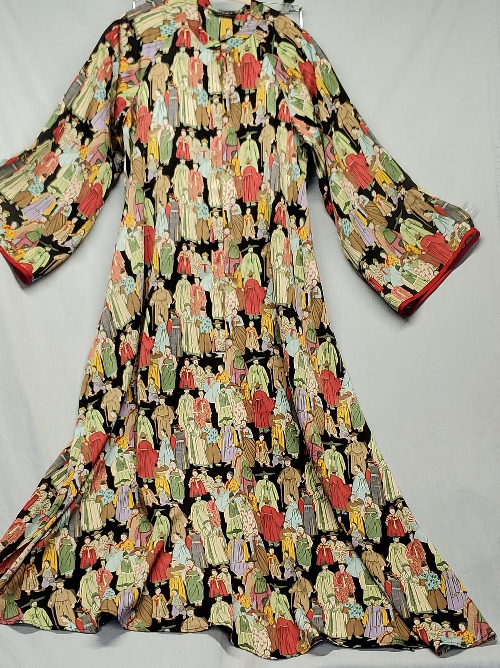 Natori Black Dress with Multicolor Vintage Figure Print